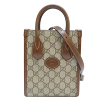 【二手名牌BRAND OFF】GUCCI 古馳 棕色 塗層帆布 Mini Tote 肩背包 671623