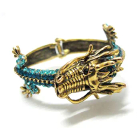 Vintage Antique Gold Color Colorful Rhinestone Crystal Dragon Bangle For Women Men Animal Bracelet Bangle Jewelry