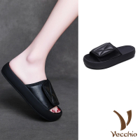 【Vecchio】真皮拖鞋 厚底拖鞋/真皮頭層羊皮魔鬼粘設計厚底拖鞋(黑)
