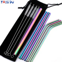 Metal Reusable 304 Stainless Steel Straws Straight Bent Drinking Straw With Cleaning Brush Set Party Bar accessory
