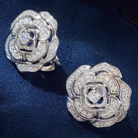 Custom Solid 10K White Gold Women Stud Earrings Flower Push Earring Back Moissanite Diamonds Wedding Engagement Anniversary Gift