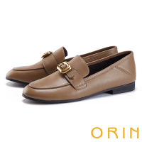ORIN 皮帶金屬釦真皮樂福平底鞋 棕咖