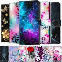 Leather Flip Case For Samsung Galaxy S24 S23 S22 S21 Ultra S20 FE S10 Plus E Starry Sky Aurora Flower Painted Holder Book Cover