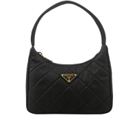 【PRADA 普拉達】金色三角牌Logo 菱格紋尼龍迷你手提包(黑色)