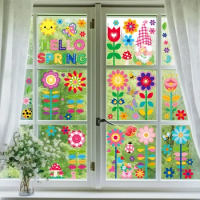 9Sheets Flower Butterfly Electrostatic Window Sticker Spring Glass Door Mirror Stickers Double Sided Happy Easter Decor Sticker