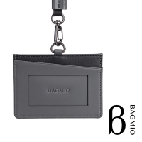 BAGMIO 雙色牛皮橫式三卡證件套 (附織帶) - 灰黑