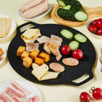 Korean Round Grill Pan Thick Cast Iron Frying Pan Flat Pancake Griddle Non-stick Maifan Stone Cooker Barbecue Tray BBQ Tool