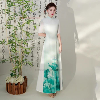 2024 vietnam aodai dress traditional chinese vintage qipao dress women flower print improved cheongsam oriental banquet dress