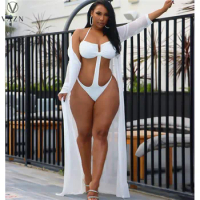 VAZN 2022 Hot High-end Beach Set Solid Young Bodysuits Top See Through Lace Full Sleeve X-Long Clock Women 2 Piece Set