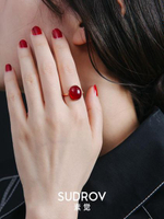 戒指素覺925純銀寶石紅色瑪瑙開口戒指女簡約時尚大氣指環本命年飾品