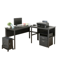【DFhouse】頂楓150+90公分大L型工作桌+主機架+活動櫃 -黑橡木色