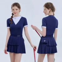 DK Golf Clothing Lady Suit Short Sleeve Summer Splicing Quick-dry T-shirt Cute V-neck Lace Collar Top Irregular Pleated Skort