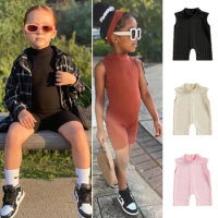 1-5 Yrs Summer One-Piece Little Girls Clothes Ribbed For Children Jumpsuit Turtleneck BodySuit Sleeveless Romper Kids Onesies