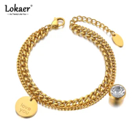 Trendy Double Layer Stainless Steel Love You Tag &amp; CZ Crystal Charm Bracelets For Women Bohemia Chain Link Jewelry B21066