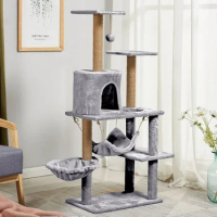 Multilevel Tree House Wooden Cat Climbing Tower Sisal Rope Scratching Posts Plush Cloth Hammock Cat House Condos Pet