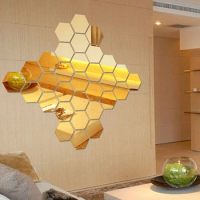 12Pcs/Pack Hexagon Mirror Sticker Gold Self Adhesive Tiles Wall Sticker Decals DIY Living Room Bedroom Bathroom Home Decorations