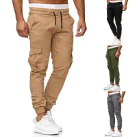 Men Pants Streetwear Men's Cargo Pants Ankle-banded Drawstring Multi Pockets Slim Fit Contrast Color Options