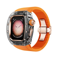 Fashion Retrofit Case Viton Strap Crystal Mod Kit for Apple Watch 44mm 45mm Luxury iWatch Series 9 8 7 6 5 4 SE orange band