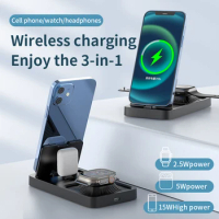 3 In 1 15W Wireless Charger Stand Pad For iPhone 14 13 12 Pro Max 8 X Apple Watch 8 7 Airpods Pro Foldable Fast Charging Station