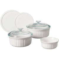 CorningWare French White 7-Pc Ceramic Bakeware Set with Lids, Chip and Crack Resistant Stoneware Baking Dish, Microwave