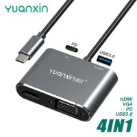 YUANXIN Dock USB Type C to HDMI 4K DP 100W USB3.0 VGA HUB Adapter for MacBook Samsung Galaxy S10/S9 USB-C Converter HDMI HUB