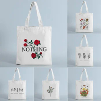 Women Shopping Bag with Rose Flowers Print Canvas Tote Reusable Shopper Bags Student Book Bag Female Cloth Eco Shoulder Bag