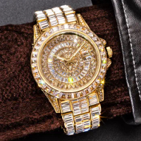 Fully Baguette Diamond Watch For Men Top Luxury Gold Stainless Steel Automatic Date Quartz Wristwatch Hip Hop Ice Out Male Clock