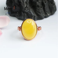 Natural S925 Silver Inlaid Honey Wax Amber Chicken Oil Yellow Spiral Ring with Simple Elegant Personality Retro Fashion Jewelry