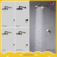 Brushed Gold Concealed Shower Faucet Set Wall Mounted Large Rain Shower Head Bathroom Hot And Cold Mixed Shower Faucet Set