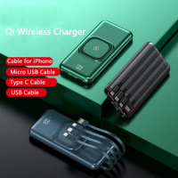 Portable Power Bank 20000mAh Built in Cable Fast Qi Wireless Charger Powerbank for iPhone 12 Samsung Xiaomi Mi 13 Spare Bateria