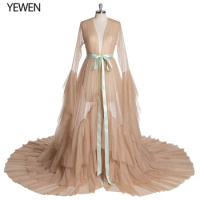 Green Long Sleeves Evening Dress Party Gowns Robe De Soiree Formal Prom Dresses Belt Top Evening Gowns YeWen Photography Dress