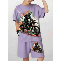 Kids Motocross 2Pcs Set Boys Cool Dirt Bike Graffiti Print Short Sleeve Tee & Shorts Summer Wear【01】