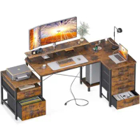 Corner Desk with 6 Drawers File Cabinet USB Charging Ports Monitor Stand Printer Storage Large Workstation
