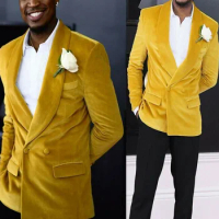 Men's Velvet Suit Double Breasted Jacket Shawl Lapel Slim Fit Blazer Casual Blazer for Groomsmen Outfit
