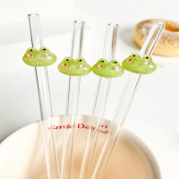 A Like  3/5PCS Cute Reusable Glass Straw with Frogs Charms, Clear Bend Drinking Straw for Cold Drink