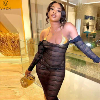 VAZN 2022 New Luxury Designer Sexy Club See Through Lacve Young Hollow Out Straples Full Sleeve Women Long Pencil Dress