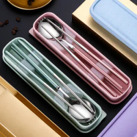 Portugal 304 Stainless Steel Portable Tableware Travel Lunch Box 3pcs Fork Spoon Chopsticks Set Wheat