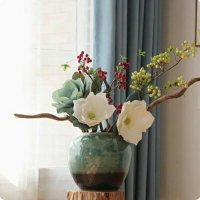 【漸變翡翠綠瓶子系列-多款可選-1款/組】新中式陶瓷花瓶模擬花套裝家居擺件高端裝飾-90501