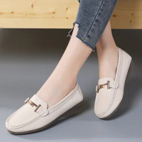 Genuine Leather Round Toe Soft Bag Bean Shoes Casual Women's Shoes Korean Version Metal Sleeve Feet Mother Nurse Commuting Shoes