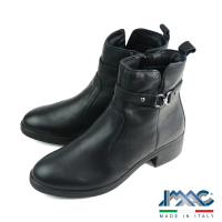 【IMAC】義大利橫帶扣環側拉鍊粗跟皮靴 黑色(455300-BL)