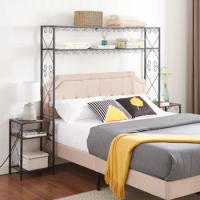 Queen Bed Frame with 2 Bed Cabinets Headboards with Storage, with Shelves, Bookcase Headboard Queen and Wood Rustic Brown