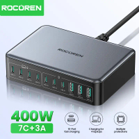 [COD] [tiktok]Rocoren 400W/200W GaN 10-Ports Fast Charger 7C+3A 7*USB-C+3*USB-A Desktop Charger Quic