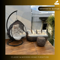 BUNDLING PRODUK KURSI TERAS AYUNAN GANTUNG SEMI JUMBO DAN SOFA TAMU 3 SEATER MEJA BULAT MOTIF TANJUN