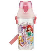 小禮堂 迪士尼 公主 日製 透明 直飲式水壺 附背帶 水瓶 隨身瓶 兒童水壺 480ml (粉蓋 框框)