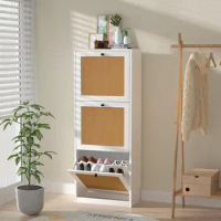 Rattan Shoe Cabinet, Entryway Cabinet Wooden Shoe Rack with 3 Flip Drawers, 3-Tier Shoe Storage Cabinet for Entryway Hallway,