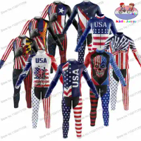 Retro USA Flag Team Cycling Jersey Set Children Long Sleeve Cycling Clothing Boys and Girls USA Flag Teenager Cycling Kits