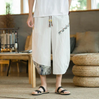 Japanese Kimono Summer Men's Cotton Linen Samurai Clothing Patchwork Print Retro Harem Pants Loose Shorts Harajuku Hip Hop Pants
