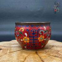 古玩純銅景泰藍紅色銅缸黃銅罐子景泰藍花紋銅缸掐絲琺瑯彩小水缸1入