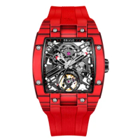 OBLVLO Men Automatic Watch Luxury Watches Mechanical Wristwatch Tonneau Skeleton Dial 50M Waterproof Sapphire Rubber Strap