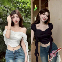 OFF SHOP 🥻ใหม่ 2025 เสื้อเปิดไหล่ ท็อปคร็อปสไตล์เกาหลี มีโครงแต่งทั้งสองข้าง เสื้อแฟชั่นผู้หญิง' FY2